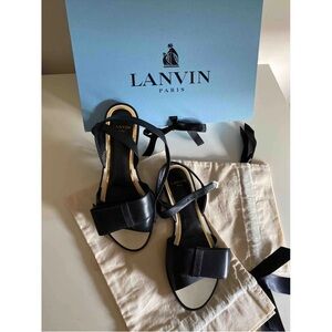 LANVIN Bow Leather Sandal Flat Shoes Black size 37.5 / 7.5